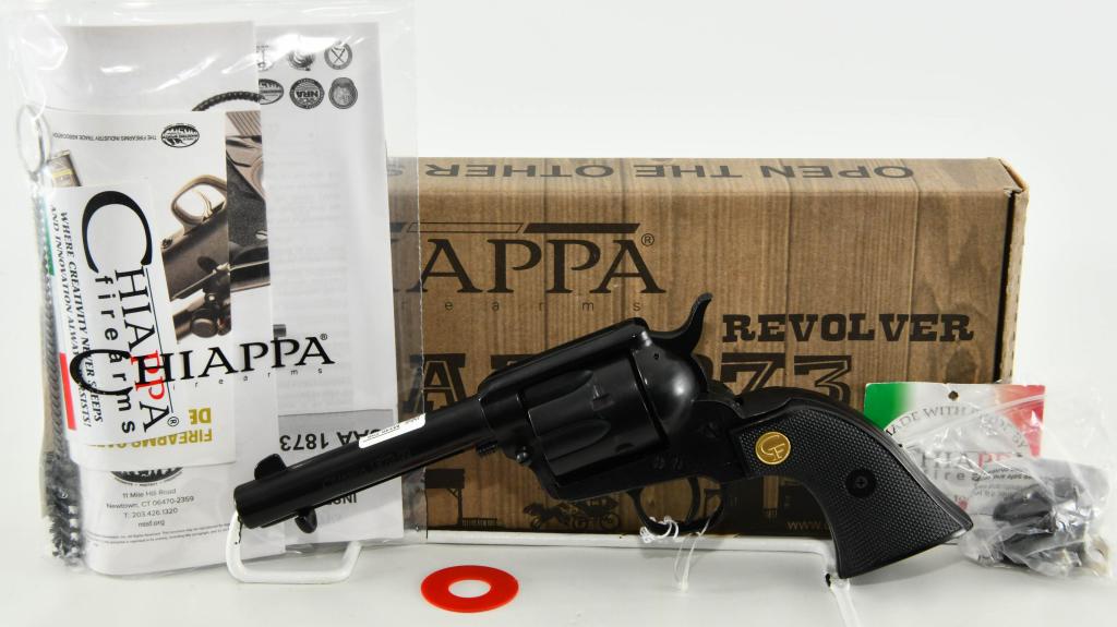 Chiappa Firearms 1873-22 Revolver S.A. .22 LR: Up Next We Have a Chiappa 1873 Single Action Revolver Chambered in .22 LR, 4.75" Barrel, 6 Round Cylinder, Fixed Sights, Black Grips. Overall Appears in Excellent Like New Condition. More From The Int