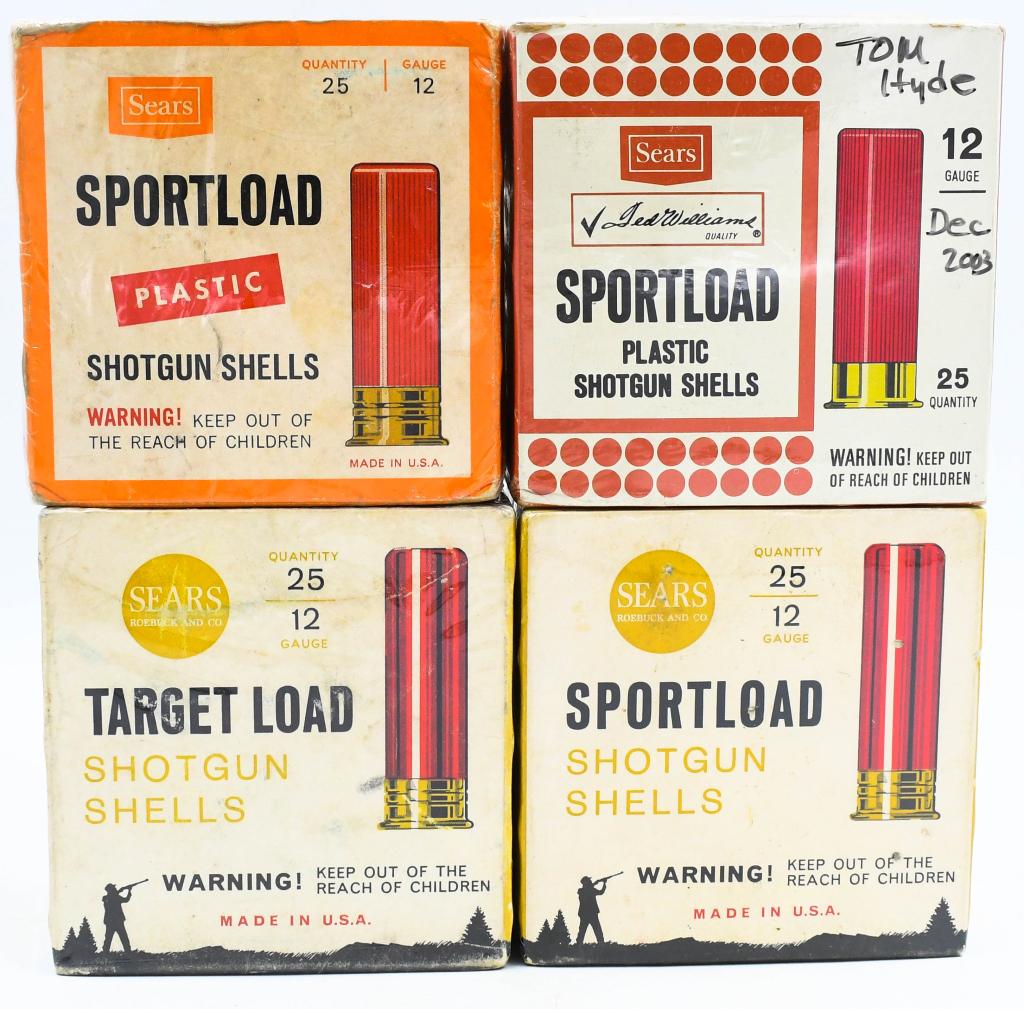 4 Vintage Sears Sportload Shotshell Boxes Full: Up Next We Have Four Vintage Sears Sportload Shotshell Boxes, 12 Gauge, All Appear Full.