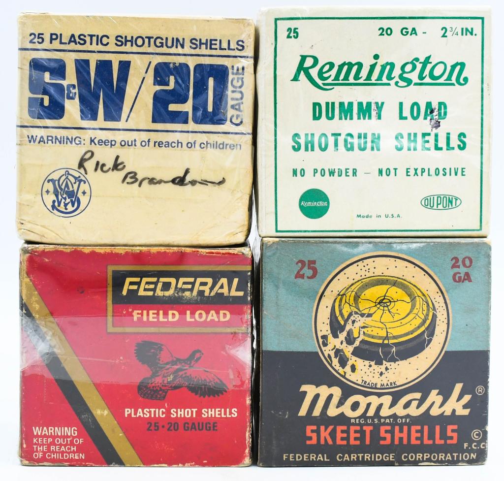 4 Vintage Collector 20 Gauge Shotshell Boxes: Up Next We Have Four Vintage Collector 20 Gauge Shotshell Boxes, Partial Monark Skeet Shells, Full Smith & Weeson, Full Federal Field Load, and a Box of Remington Dummy Loads With 14 Shells.