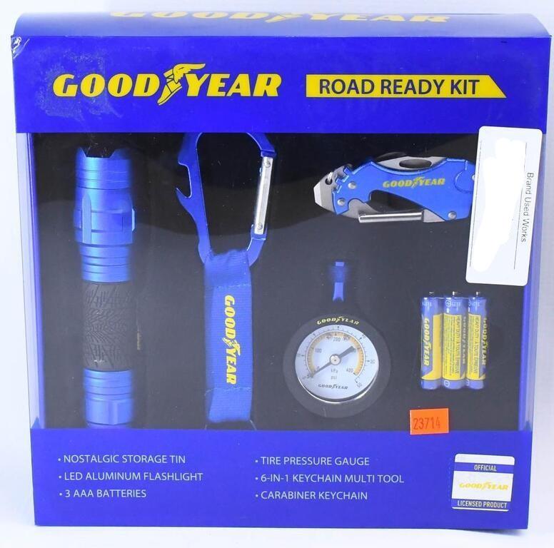 Goodyear Road Ready Kit New in package: Goodyear Road Ready Kit New in package Goodyear ROAD READY KIT Flashlight, Gauge. Multitool Carabineer, Keychain IN TIN **Makes a great gift!** Goodyear Road Ready Kit LED Aluminum Flashlight Tire Pre