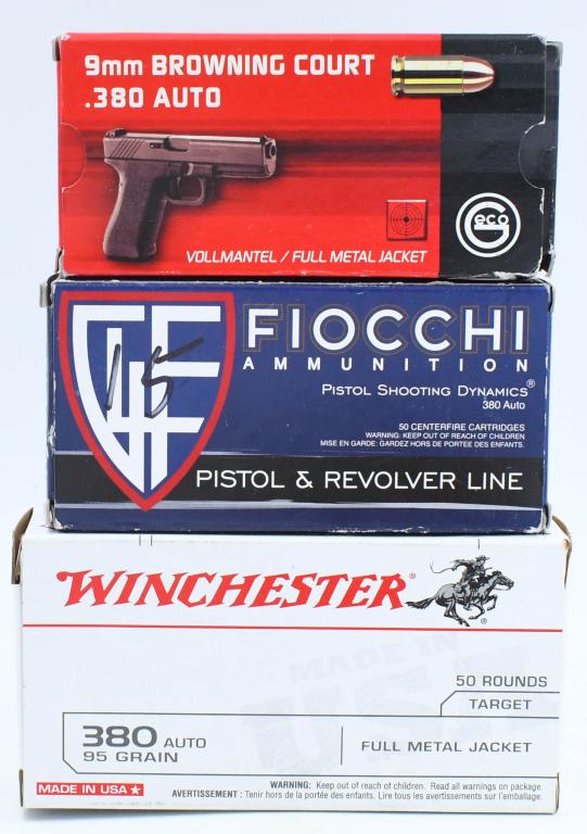 115 Rounds of Various .380 ACP Ammunition: Here We Have 115 Rounds of Various .380 ACP Ammunition, 50 Rounds of Winchester 95 Grain FMJ, 50 Rounds of Geco 95 Grain FMJ, and 15 Rounds of Fiocchi 95 Grain FMJ.