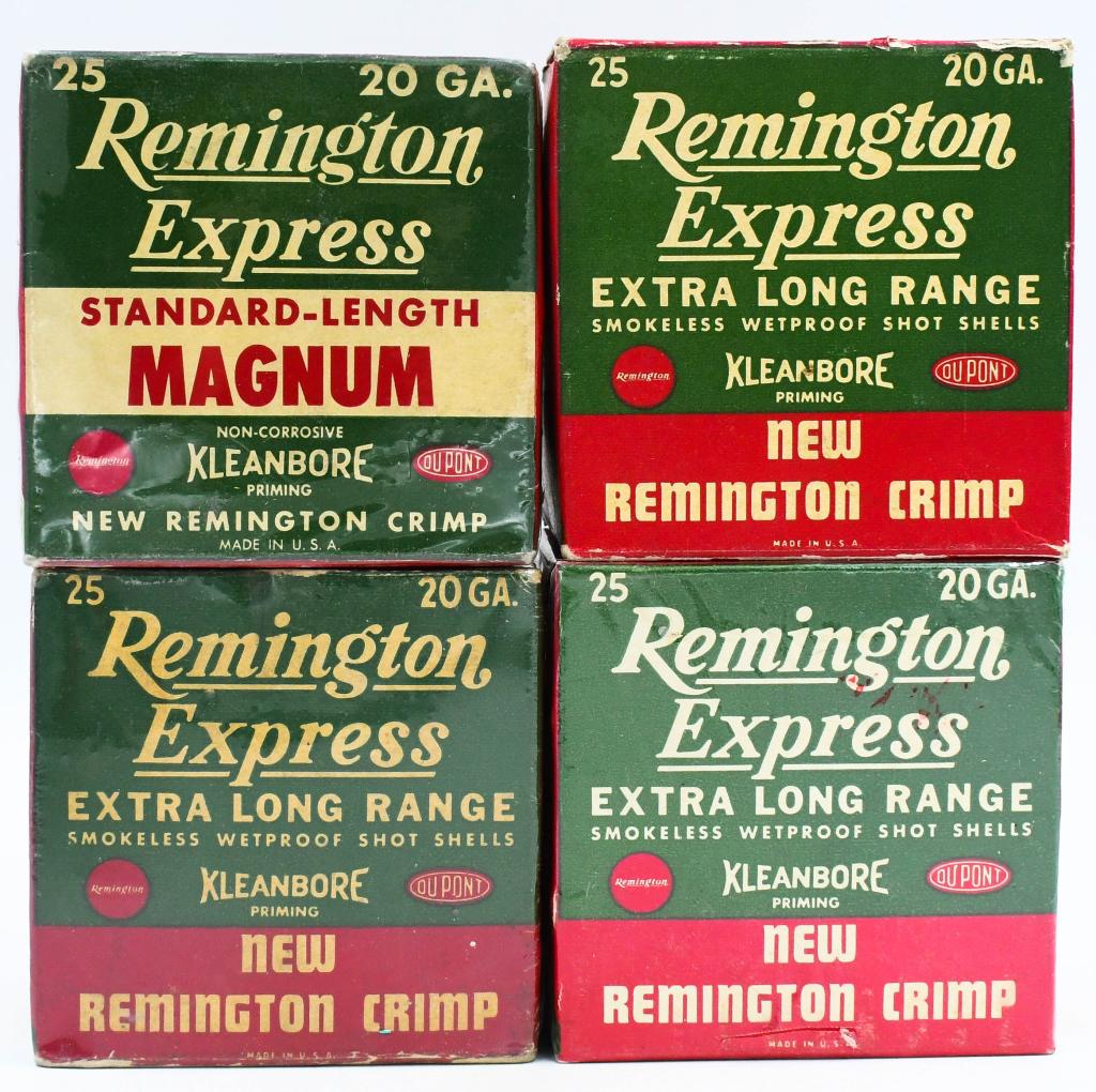 4 Vintage Collector Boxes of Remington 20 Gauge: Up Next We Have Four Vintage Collector Boxes of Remington Express Kleanbore 20 Gauge Shotshells, 2 Boxes Appears As Full, Two are Partials.