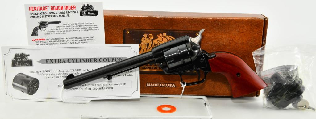 Heritage Arms Rough Rider Revolver 6 1/2" .22LR: Up Next We Have a Heritage Rough Rider with a 6 1/2" Barrel, and chambered in .22 LR, 6 Round Cylinder, Coco bolo Grips, Blue Finish, Comes in The Factory Box With Lock & Paperwork. Appears in Excelle