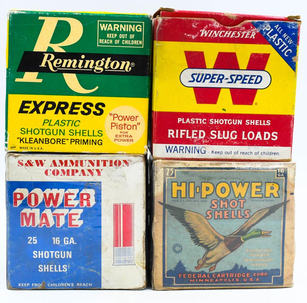 4 Boxes of Vintage 16 Gauge Shotshells: Up Next We Have Four Boxes of Vintage 16 Gauge Shotshells, Partial Hi-Power With The Mallard, Partial Smith & Wesson Power Mate, Full Winchester Super-Spee, and Full Remington Express.