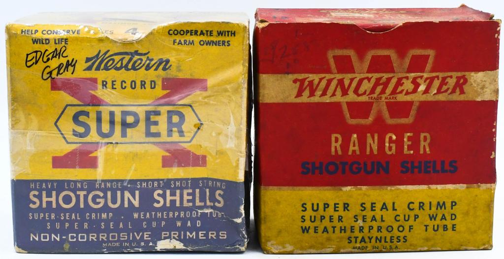 2 Collector Boxes Of 12 Ga Shotshells: 2 Collector Boxes Of 12 Ga Shotshells, 15 Rounds Are Winchester Ranger 12 Ga Shotshells & Unsure How Many Rounds Are inside Western 12 Ga 3" Super-X Shotshells Box Comes Cellophane Wrapped