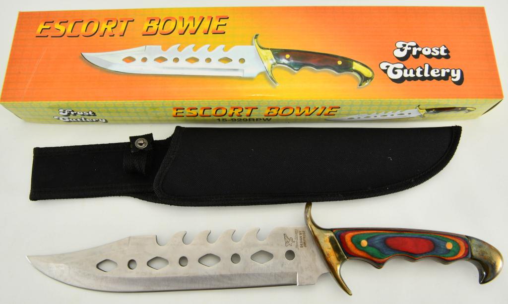 Frost Cutlery Escort Bowie Knife New In The Box: Frost Cutlery Escort Bowie Knife New In The Box, 16 1/4" Overall Length Bowie , Custom Designed Stainless Steel Blade , Red Paka Wood Handle With Matching Heavy Duty Nylon Sheath