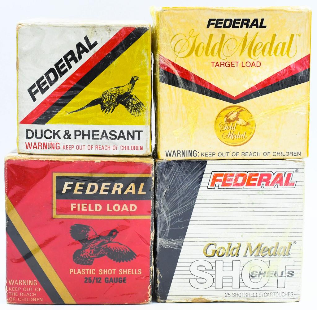 4 Boxes Of Mixed 12 Ga & 20 Ga Shotshells: 4 Boxes Of Mixed 12 Ga & 20 Ga Shotshells, Federal Field Load Shotshells, Federal Gold Medal Shotshells & Federal Duck & Pheasant 20 Ga Shotshells Unsure How Many Rounds Total, Boxes Come Cellophane W