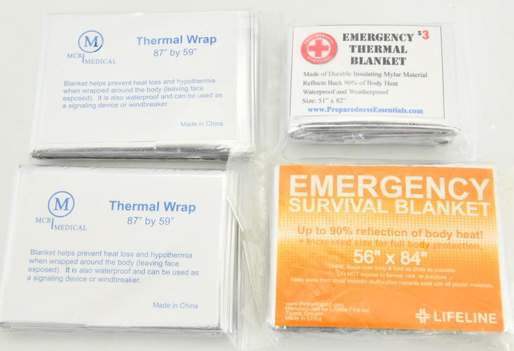 (4) Various Thermal Wrap /Blankets New in package: (2) MCR Medical Thermal Wrap 87"x 59" Blanket helps prevent heat loss and hypothermia when wrapped around the body (leaving face exposed) it is also water proof and can be used as a signaling or windb