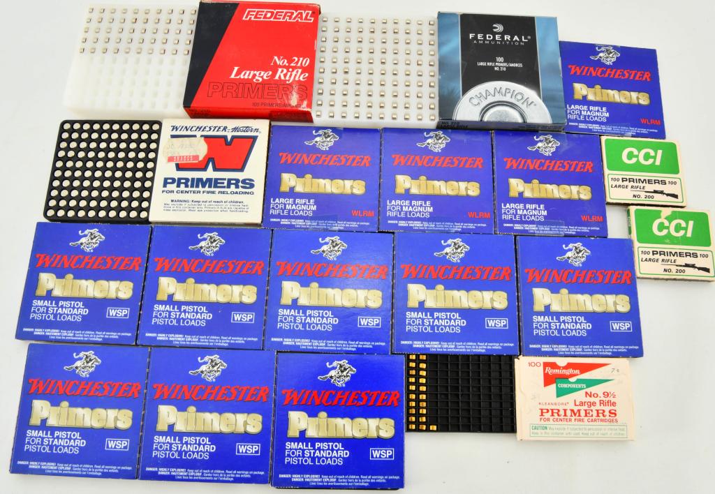 1671 Count Of Large Rifle & Small Pistol Primers: 1671 Count Of Large Rifle & Small Pistol Primers, Includes 400 Count Of Winchester Large Rifle For Magnum Rifle Loads, 200 Count Of CCI Large Rifle #200 Primers, 100 Count Are Winchester Western #8 1/