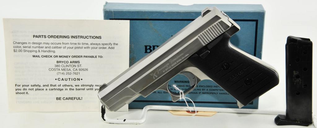 Jennings Firearms Bryco 48 Semi Auto Pistol .380: Up Next We Have a Jennings Firearms by Bryco Arms Model 48 Semi Auto Pistol Chambered in .380 Auto and Comes with Two seven round Magazines and a 4" barrel. The “Bryco" plastic grip plates are in ex