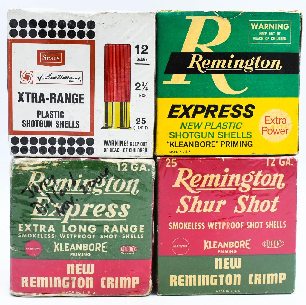 4 Various Boxes of Collector 12 Gauge Shotshells: Here We Have Four Various Boxes of Collector 12 Gauge Shotshells, Three Remington and a Sears Xtra Range. Three Appear Full, and One is Partial With 14 Shells.