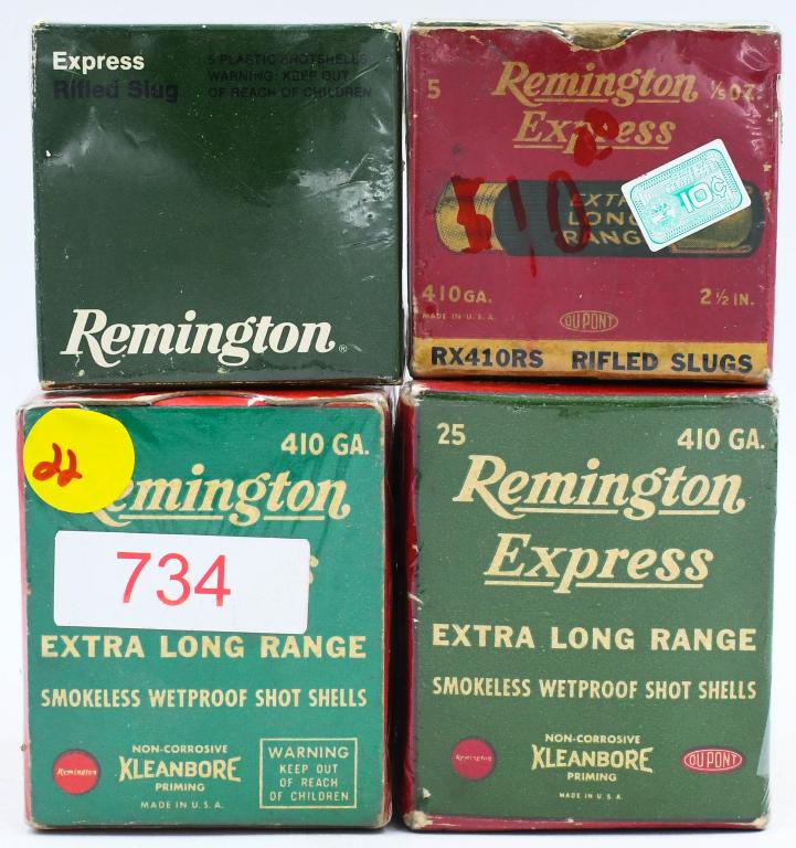 60 Rounds Of .410 Ga Shotshells: 60 Rounds Of .410 Ga Shotshells, 5 Rounds Are Remington Express 2 1/2" Rifled Slugs, 5 Rounds Are Remington Express Rifled Slugs, & 50 Rounds Are Remington Express Extra Long Range In Original Collect