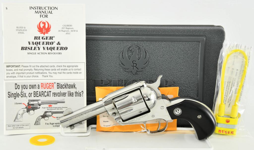 Mint Ruger Old Model Vaquero Birdshead .45 Colt: Up Next We Have a Mint and Appears Unfired Ruger Old Model Vaquero Birdshead Revolver Chambered in .45 Colt, Equipped With a 3 3/4" Barrel, Bright Stainless Finish, Factory Black Grips, and Comes in t