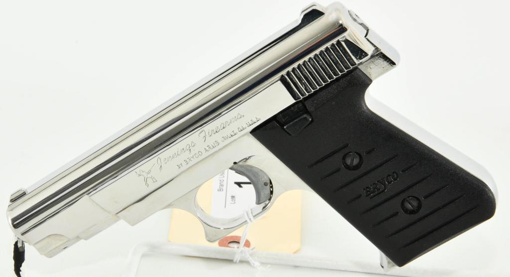 Jennings Firearms Bryco 48 Semi Auto Pistol .380: Up Next We Have a Jennings Firearms by Bryco Arms Model 48 Semi Auto Pistol Chambered in .380 Auto and Comes with One seven round Magazines and a 4" barrel. The "Bryco" plastic grip plates are in exce
