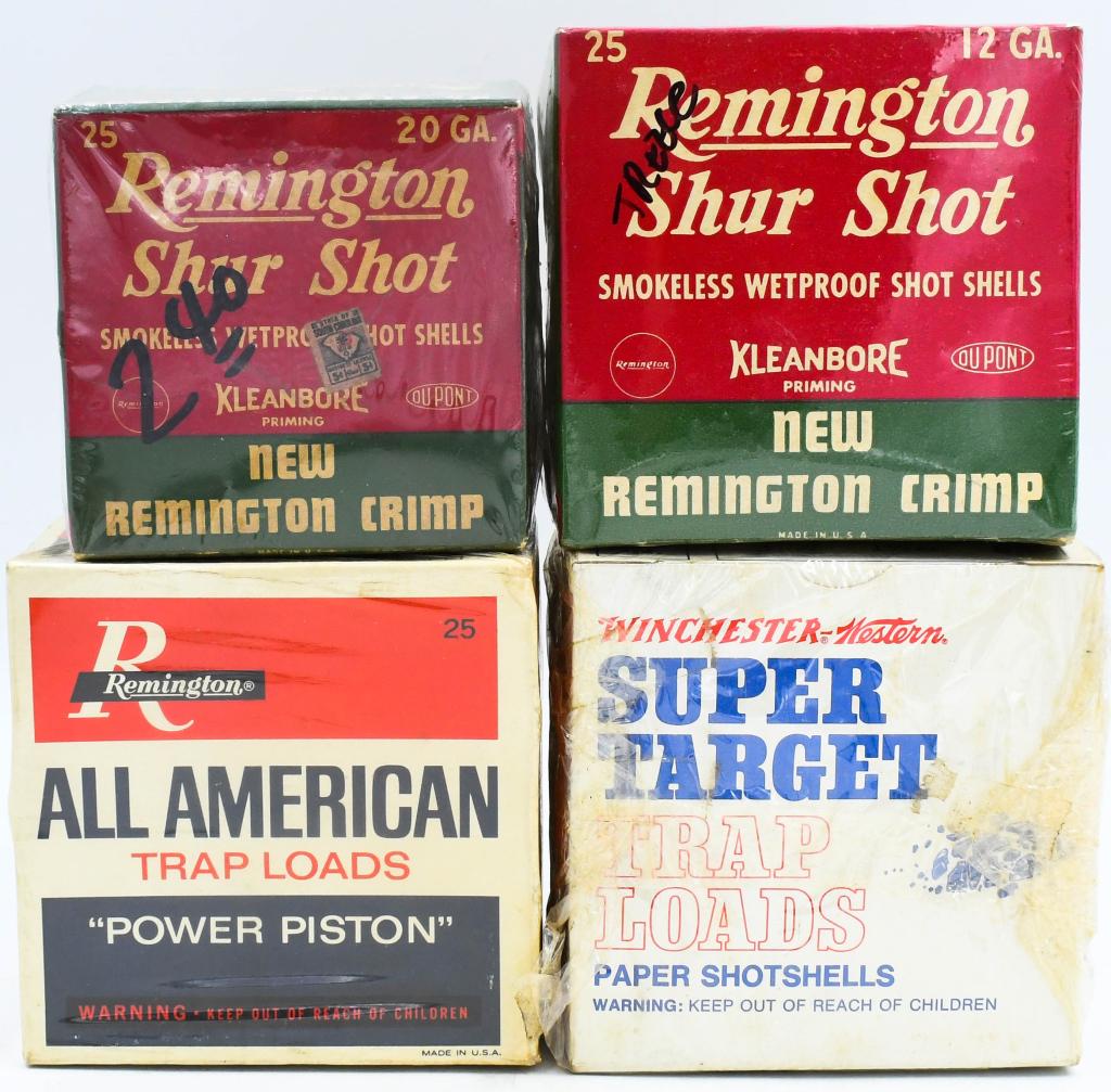 4 Vintage Collector Empty Shotshell Boxes: 4 Vintage Collector Empty Shotshell Boxes, 2 Remington 20 Ga & 12 Ga Boxes , 1 Winchester 12 Ga Box & 1 Remington 12 Ga Box, All Boxes Appear in Excellent Condition & Come Cellophane Wrapped