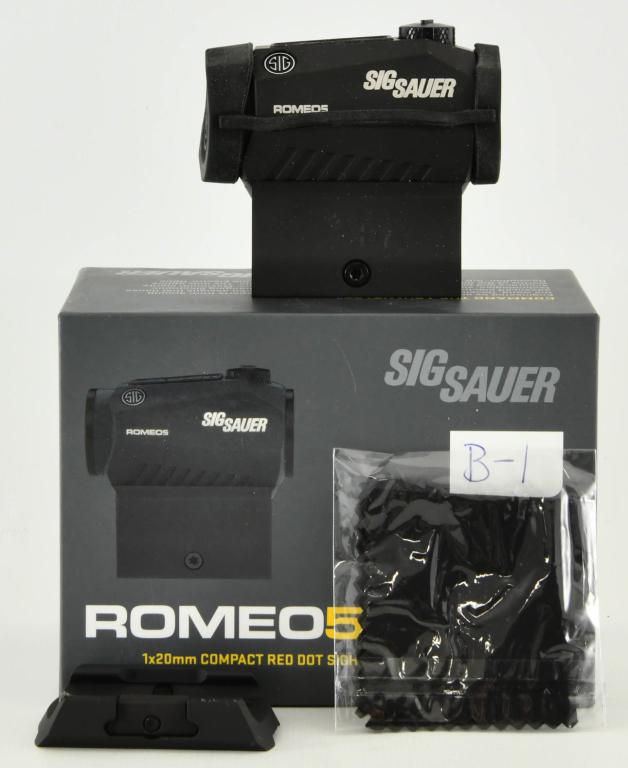 NIB Sig Sauer Romeo 5 Compact Red Dot Sight: NIB Sig Sauer Romeo 5 Compact Red Dot Sight 1x 20mm 1/2 MOA Adjustments 2 MOA Dot Reticle Picatinny-Style Mount Black Sig is proud to provide our men and women in the armed forces with a light-weight,