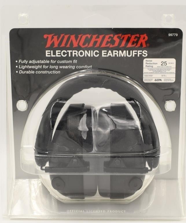 New In Package Winchester Electronic Earmuffs: New In Package Winchester Electronic Earmuffs Fully adjustable for custom fit,, lightweight for long wearing comfort, durable construction, noice reduction rating 25 decibels