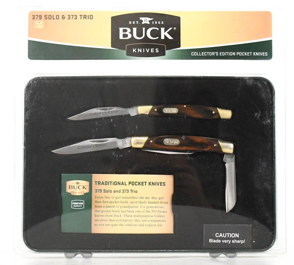 NIP Buck Collectors Edition Pocket Knife Set: NIP Buck Collectors Edition Pocket Knife Set, New In The Package , Includes 379 Solo & 373 Trio, Two Convenient Pocket Knives Offered In A Collector Tin These Pocket Knives Provide Several Options For