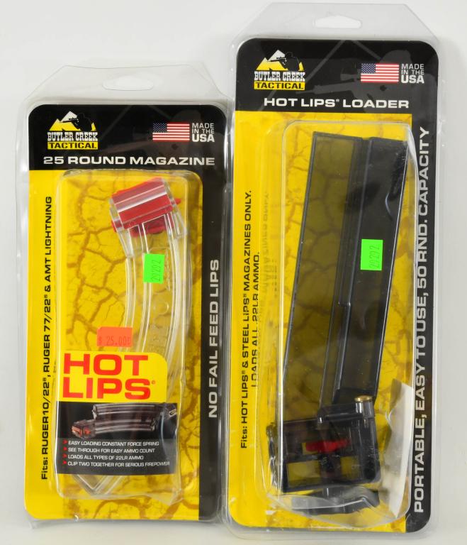 NIP Butler Creek Hot Lips Loader & .22 LR Mag: NIP Butler Creek Hot Lips Loader & .22 LR Magazine, New In The Package Hot Lips Speed Loader For .22 LR Ammunition & 1 New in The Package 25 Round Ruger 10/22 .22 LR Magazine "Please Know Your State L