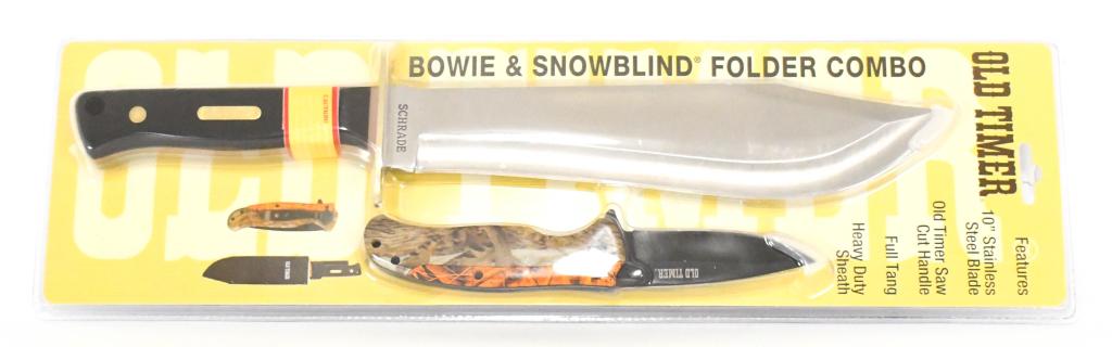 New In Package Old Timer 10" Bowie Knife Set: New In Package Old Timer 10" Bowie Knife Set, Stainless Steel Blade, Old Timer Saw Cut Handle, Full Tang Heavy Duty Sheath , Bowie & Snowbind Combo Knife Set