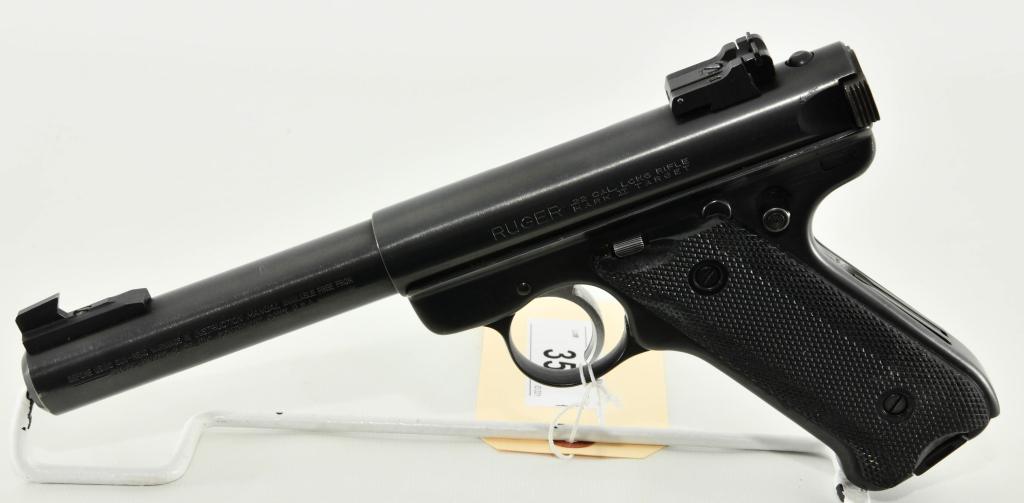 Ruger Mark II Semi Auto Target Pistol .22 LR: Up next is a Ruger Mark II Target Pistol Chambered in .22 LR. This Pistol has a heavy 5 1/2" Target barrel and comes with One Ramline Magazine, Black Factory Grips, Serial # 217-49157, This pistol App