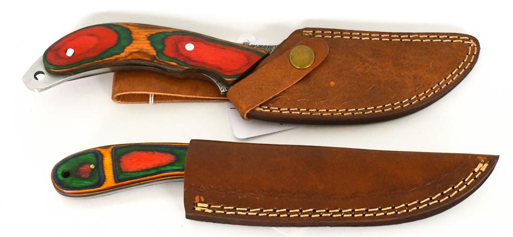 2 Custom Made Damascus Fixed Blade Knives: 2 Custom Made Damascus Fixed Blade Knives With Leather Sheaths, 1 Measures Approx 8" Long & 1 Measures Approx 10" Long , Both Knives Appear in Excellent Condition