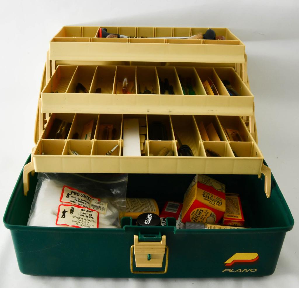 Plano Plastic Storage Container W/ Cleaning Acc: Plano Plastic Multi Tier Plastic Fishing Tackle Box , Includes Lots Of Various Gun Cleaning Supplies Such As Cleaning Rods, Cleaning Solutions, Cleaning Pads & Various Other Cleaning Supplies