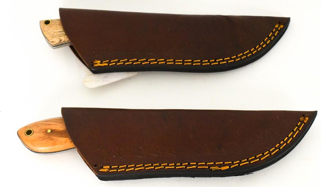 2 Custom Made Damascus Fixed Blade Knives: 2 Custom Made Damascus Fixed Blade Knives, Multi Color Wood Handle, Full Tang , Comes With Leather Sheaths, 1 Measures Approx 7 1/2" Long & 1 Measures Approx 8 1/4" Long