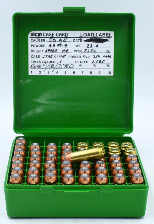 50 Rounds of .50 A.E Ammunition: 50 Rounds of .50 A.E Ammunition, Brass Cased Jacketed Hollow Point Ammo With MTM Case-Gard P64-50 Plastic Ammunition Storage Container
