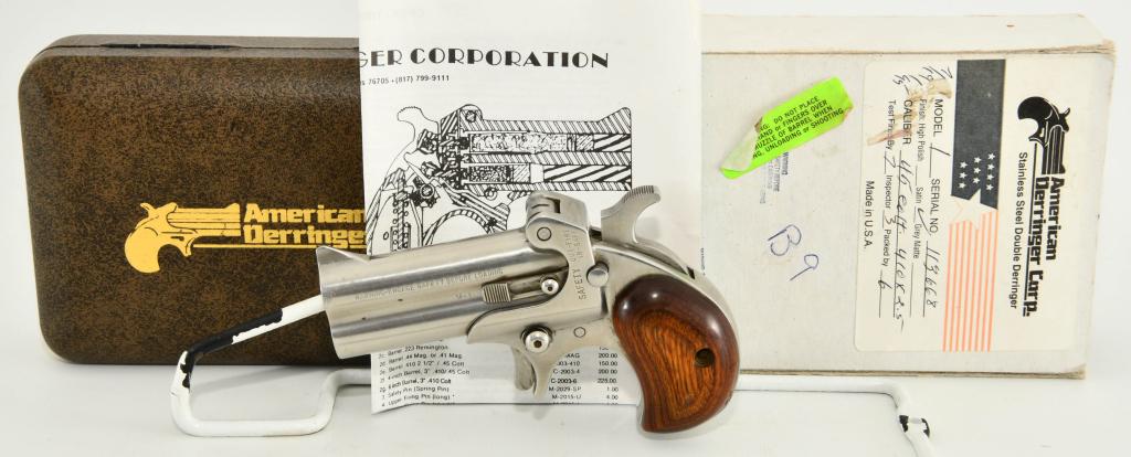 American Derringer M-4 .45 Colt & .410 Gauge: Up Next We Have a American Derringer Model 1 Chambered in .45 Long Colt and .410 Gauge 2 1/2" Shells, in Satin Stainless Steel with a 3" Barrel, and Comes in the Factory Case with Paperwork. Overall A