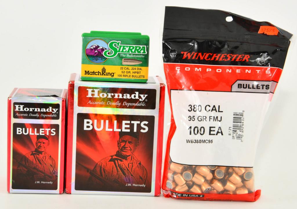 400 Count Of .45, 9mm, 380, & .22 Cal Bullet Tips: 400 Count Of .45, 9mm, 380, & .22 Cal Bullet Tips, 100 Count Are 9mm 115 Grain Full Metal Jacket Round Nose Bullet Tips , 100 Count Are .45 Caliber 230 Grain Full Metal Jacket , 100 Count Are Winchest