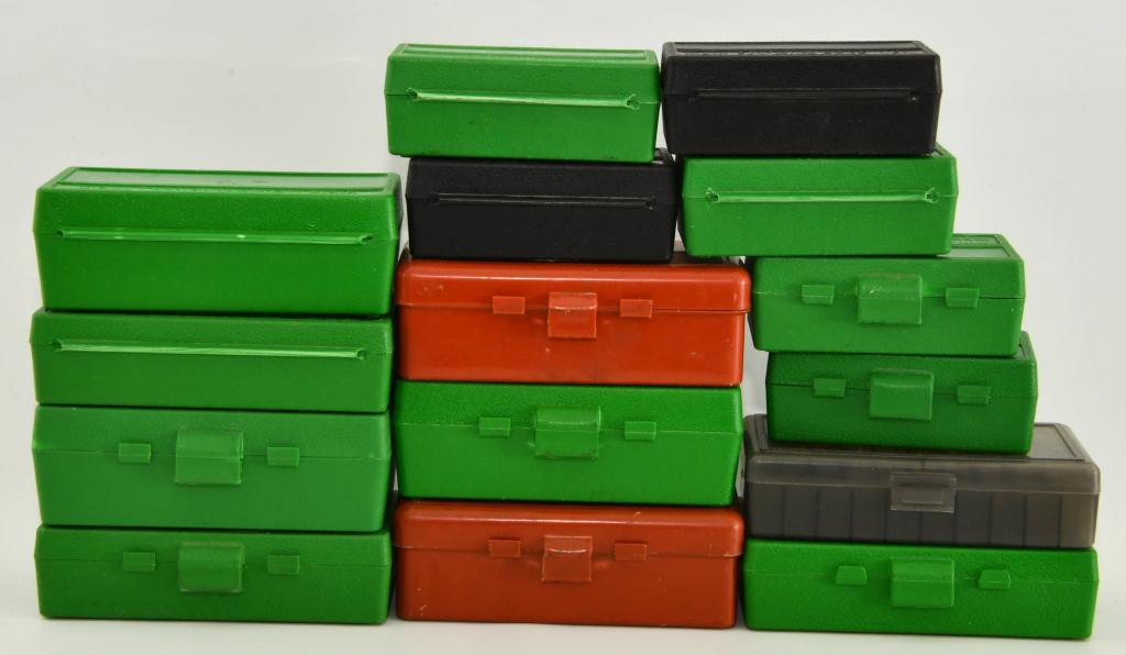 15 Various Size Plastic Ammunition Containers: 15 Various Size Plastic Ammunition Containers , 4 Are For .44 Magnum , 5 Are For .45 ACP, & 6 Are For .32 S&W Calibers