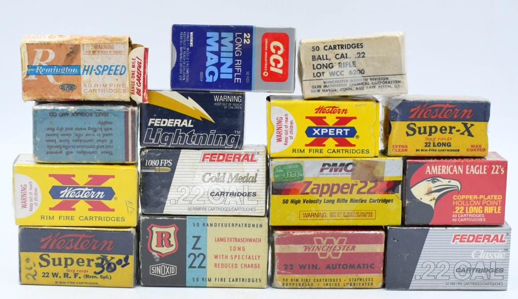 Approx 700 Rounds Of Mixed .22 LR Ammunition: Approx 700 Rounds Of Mixed .22 LR Ammunition, Contains Western Expert .22 LR Standard Velocity Ammo, Federal Classic , Federal Gold Medal, American Eagle & More !!! All Boxes Except 1 Come Cellophane 