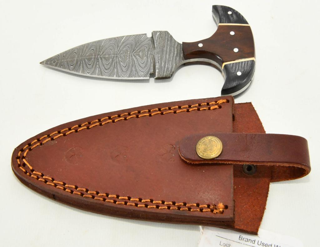 Custom Made Damascus Steel Pointed Knife & Sheath: Custom Made Damascus Steel Pointed Knife & Sheath, Pointed Blade Knife Measures Approx 5.5" Long Overall & Comes With Leather Sheath