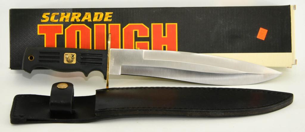 New In The Box Schrade Tough Small 15" Machete: New In The Box Schrade Tough Small 15" Machete (Kukri Style) 10" Blade with Leather Sheath Founded by Stewart Taylor in 1975, Taylor Brands has been manufacturing, designing and distributing high-qual