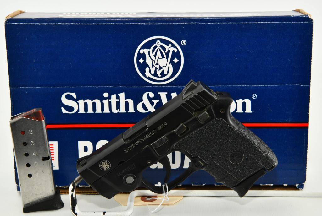 Smith & Wesson Bodyguard Pistol .380 With Laser: Up Next is a S&W Bodyguard Semi Auto Pistol Chambered in .380 ACP, 2.75" Barrel w/ Integral Laser and comes in the factory box with Two Magazines, Overall Appears in Great Pre-owned Condition. More fr