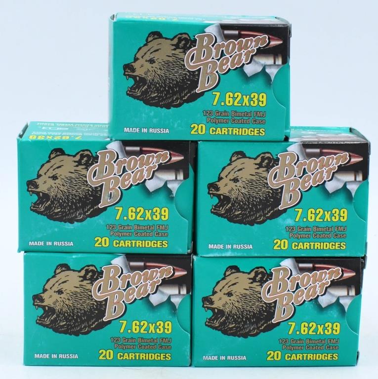 100 Rounds Brown Bear 7.62x39mm Ammunition: 100 Rounds Brown Bear 7.62x39mm Ammunition 123 Grain Bimetal Full Metal Jacket Polymer Coated Steel Cased Ammunition Made in Russia