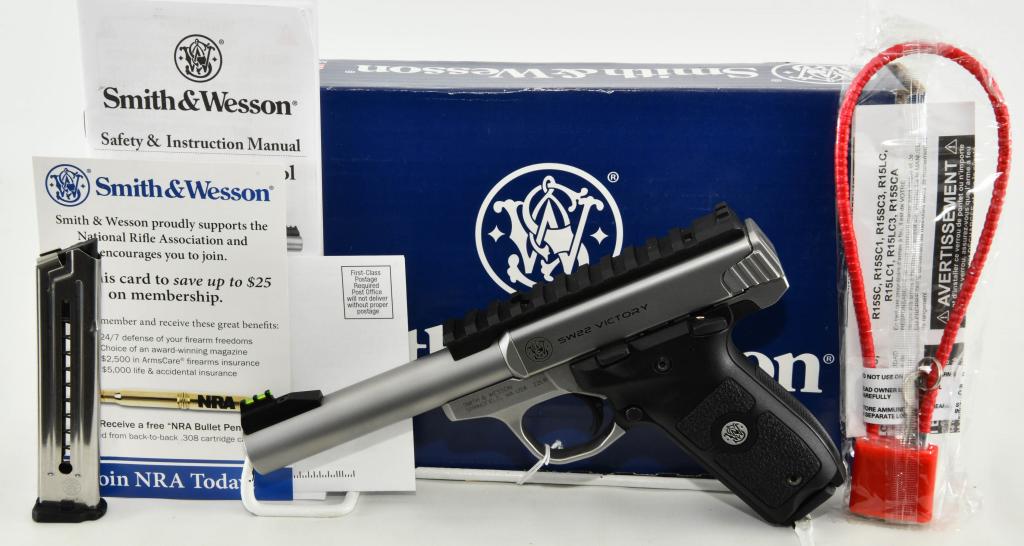 Smith & Wesson SW22 Victory Semi Auto Pistol .22: Up Next is a Smith & Wesson SW22 Victory Semi Auto Pistol Chambered in .22 LR With a 5.5" Barrel, It Comes in the Factory Box with 2 Magazines, Top Picatinny Rail Mount, Paperwork, & Lock. Overall App