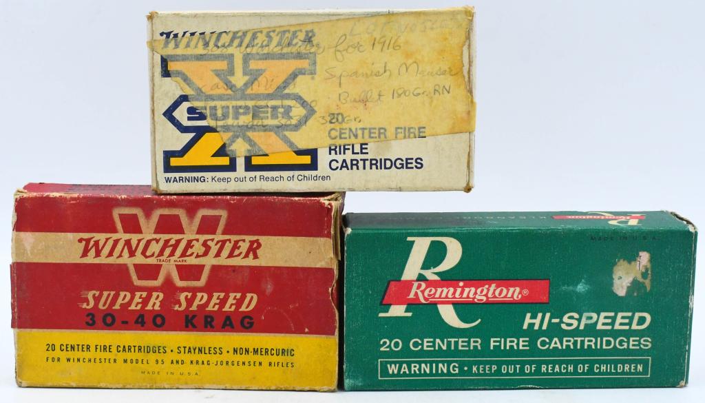 48 Rounds Of .30-40 Krag, .358 Win, & .300 Savage: 48 Rounds Of .30-40 Krag, .358 Win, & .300 Savage, 20 Rounds Are Remington .300 Savage 180 Grain Soft Points, 20 Rounds Are Winchester Super-X .358 Win 200 Grain Silver Tips, & 8 Rounds & 10 Empty Bra