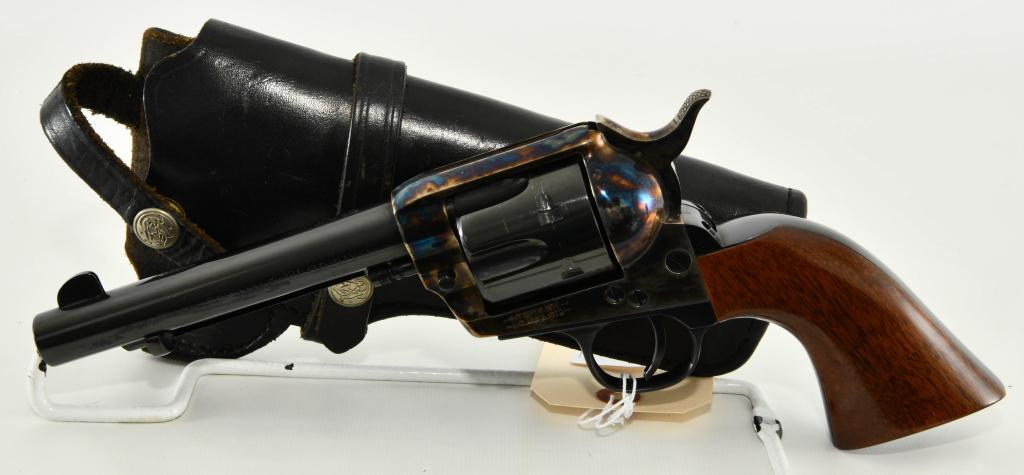 Pietta Frontier SAA Revolver .357 Magnum: Up Next We Have a Nice Pietta Frontier SAA Revolver Chambered in .357 Magnum, 5 1/2" Barrel, Smooth Wood Grips, Case Color Receiver, and Comes in a Leather S&W Holster. Overall Appears in Excellent Co
