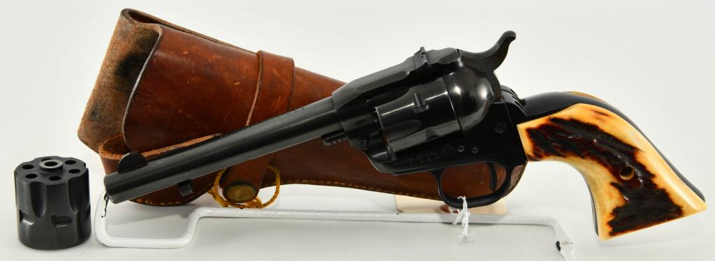 Ruger Old Model Single Six Revolver Convertible: Here we have a Ruger Old Model Single Six Revolver, 3 Screw, Non Transfer Bar, Chambered for .22 LR, and Also Comes With The .22 WMR Magnum Cylinder, With a 5 1/2" Barrel, Stag Grips, Serial #376427, 