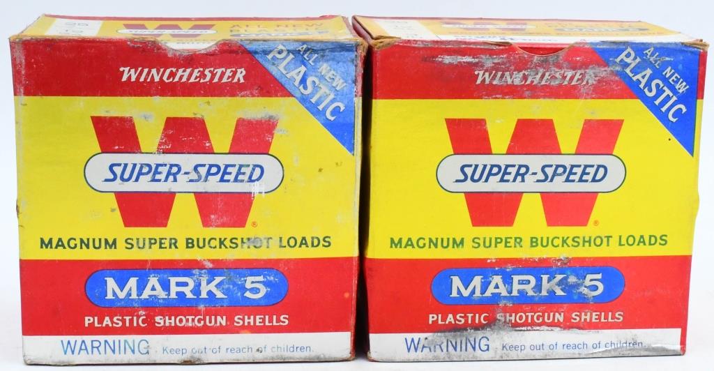 50 Rounds of Winchester Mark 5 12 Ga Shotshells: 50 Rounds of Winchester Mark 5 12 Ga Shotshells, Magnum Super Buck Shot 41 Pellet 4 Buck 3" Plastic Shotshells in Original Boxes