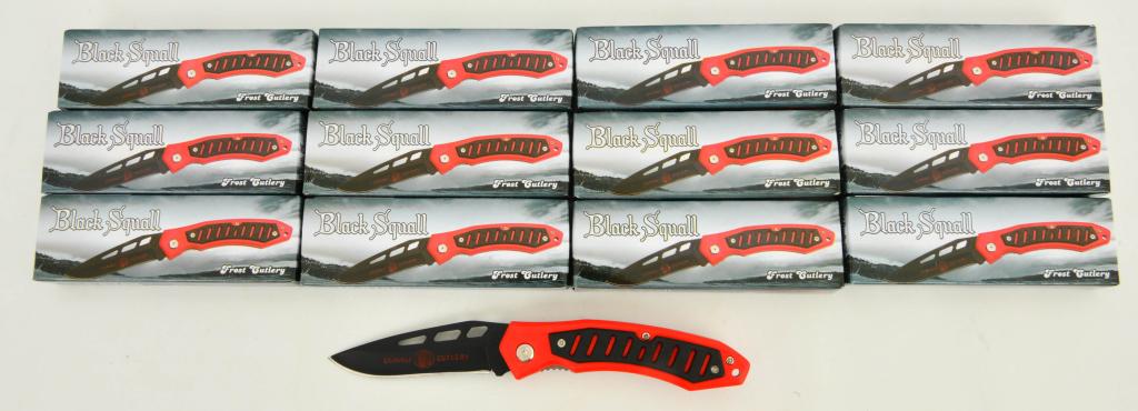 12 NIB Black Squall Folding Pocket Knives: 12 NIB Black Squall Folding Pocket Knives, Red & Black Color, Measures Approx 4.5" Closed, Made By Frost Cutlery, All knives Come Brand new In The Box