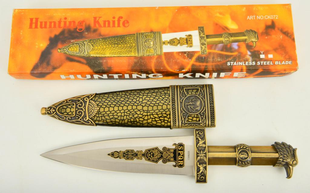 New in Box Decorative Fixed Blade Knife W/ Sheath: New in Box Decorative Fixed Blade Knife W/ Sheath, Eagle Head Design Handle, Goldish Color, Measures Approx 14" Long Overall With Sheath