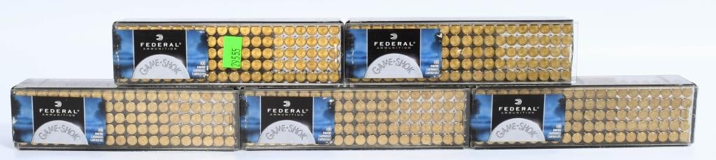 500 rds Federal .22 Cal Long Rifle 40 gr copper: Federal Game Shok 22 Long Rifle Ammo 40 Grain Copper Plated Lead Round Nose; 5 containers each with 100 rds per container Muzzle Velocity 1260 fps Muzzle Energy 141 ft. lbs. Primer Boxer Casing Brass