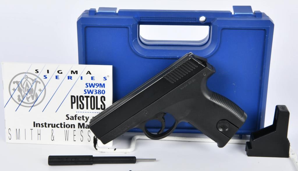 Smith & Wesson Model SW9M Semi Auto Pistol 9MM: Up Next We Have a a Smith & Wesson Model SW9M semi-automatic pistol chambered in 9mm. This is part of the SIGMA Series and a scaled down, great beginner pistol. This gun is DAO, Comes With One Magazin
