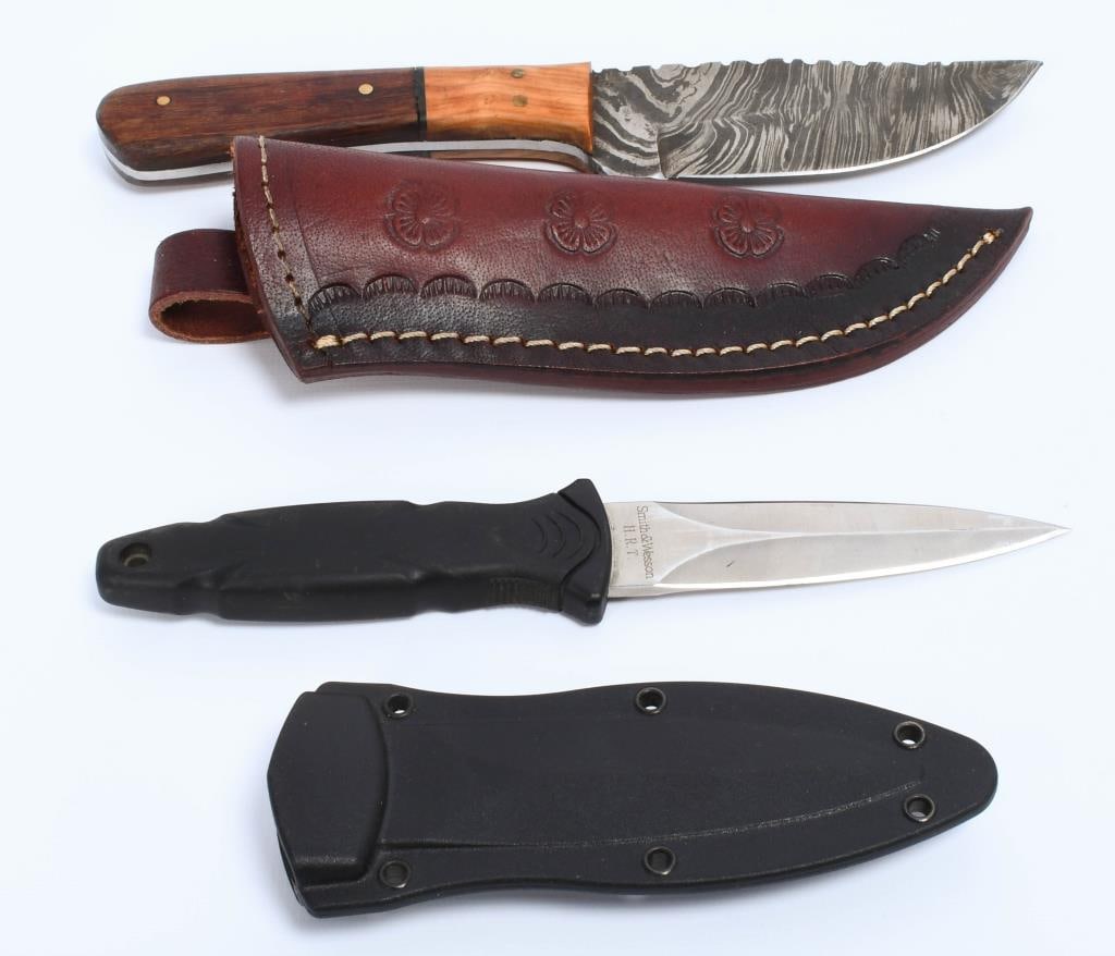 1 Hand Made Damascus Knife & 1 S&W HRT Knife: 1 Hand Made Damascus Knife & 1 S&W HRT Knife, Lot Contains 1 Hand Made Damascus Steel Fixed Blade Knife With Wood Handle and Smith & Wesson HRT Marked Knife With Holster