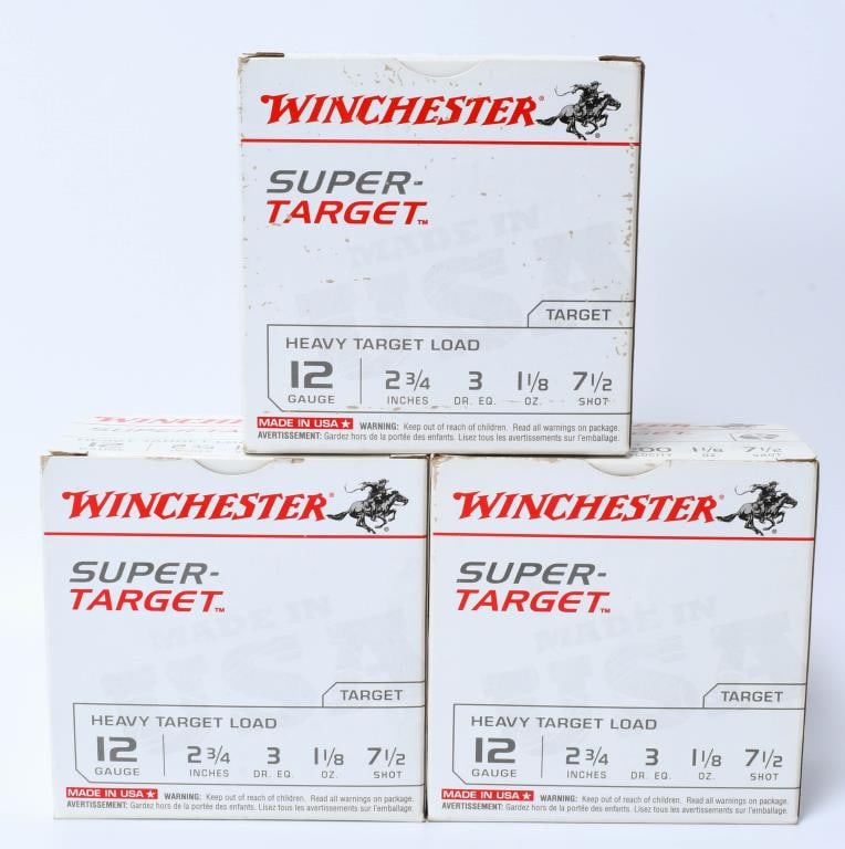 75 rds Winchester super target 12 gauge shotshells: lot contains 3 boxes 25 rds each box of the Winchester super target Heavy targe load 12 gauge 2 3/4 inch 7.5 shot shells all with 1200 fps