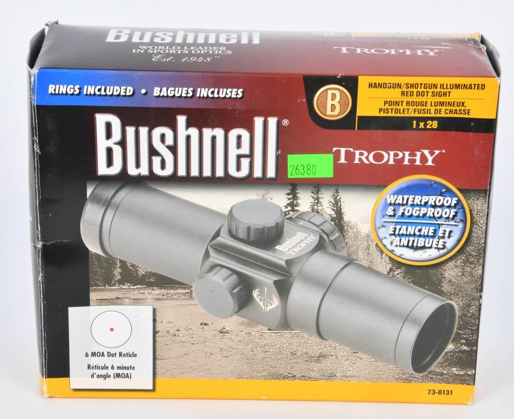 New in The Box Bushnell Trophy 1x28 Red Dot Sight: New in The Box Bushnell Trophy 1x28 Red Dot Sight, 30mm Tube 1x 6 MOA Dot with Weaver-Style Rings Matte Bushnell Red Dot sights provide high-quality sharp images. The red dot is adjustable for intensi