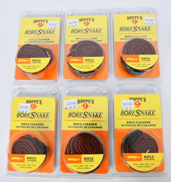 6 NIP Hoppe's Bore Snake Rifle Cleaners 6mm,.243: 6 NIP Hoppe's Bore Snake Rifle Cleaners For Calibers 6mm, .243, .240, .& .244, All Bore Snakes Come Brand New in The Package